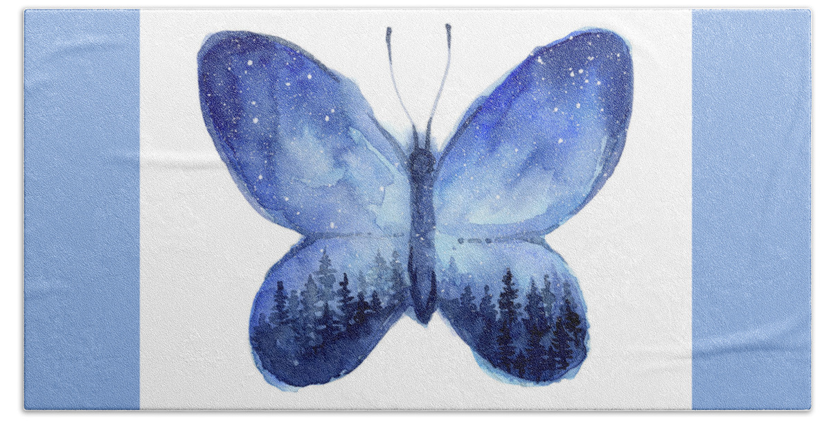 Blue Butterfly Hand Towel featuring the painting Blue Space butterfly by Olga Shvartsur