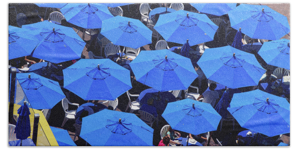 Seattle Bath Towel featuring the photograph Blue umbrellas of outdoor restaurant by Steve Estvanik