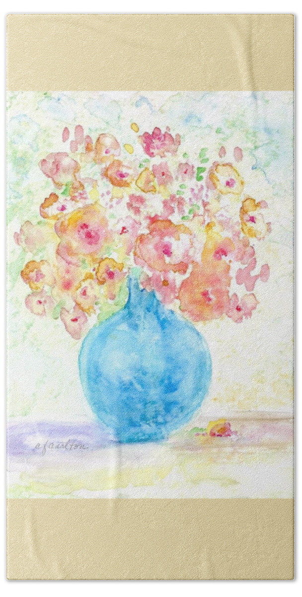 Blue Bath Towel featuring the painting Blue Vase with Flowers by Claudette Carlton