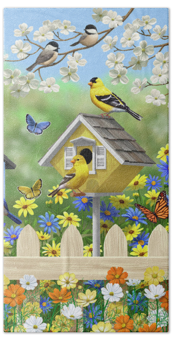 Birds Bath Towel featuring the painting Bluebirds Goldfinches Chickadees Birdhouses Spring Flower Garden by Crista Forest