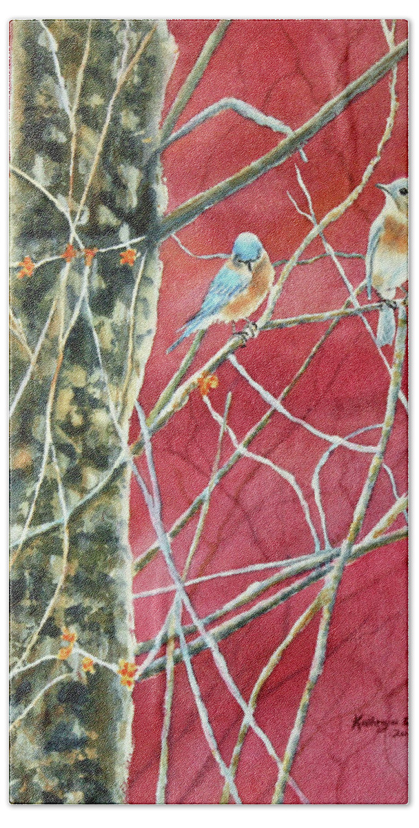 Watercolor Painting Hand Towel featuring the painting Bluebirds In Early Spring by Kathryn Duncan