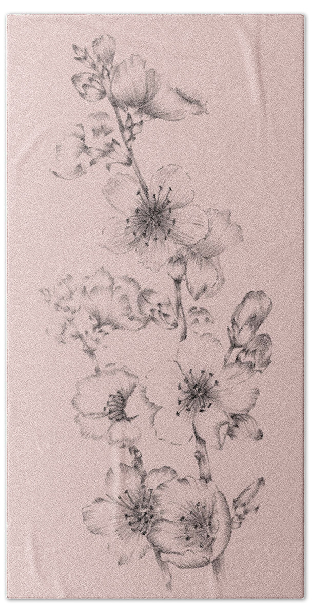 Flower Hand Towel featuring the mixed media Blush Pink Flower Drawing I by Naxart Studio