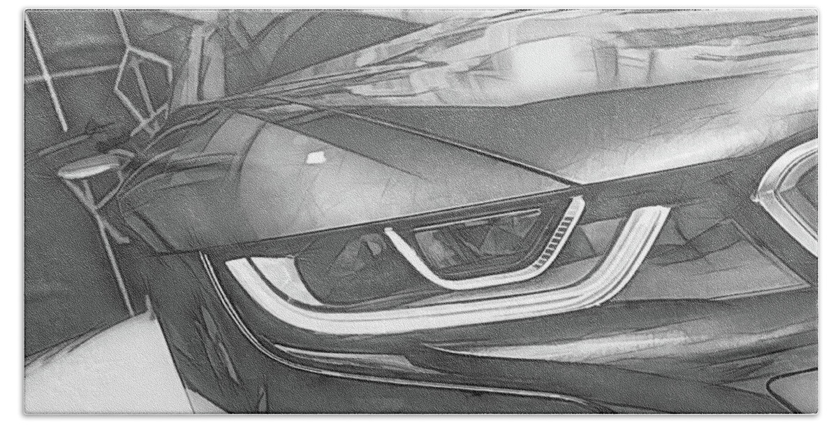 Bmw Hand Towel featuring the digital art BMW i8 Front Abstract Black and White Sketch by Rick Deacon