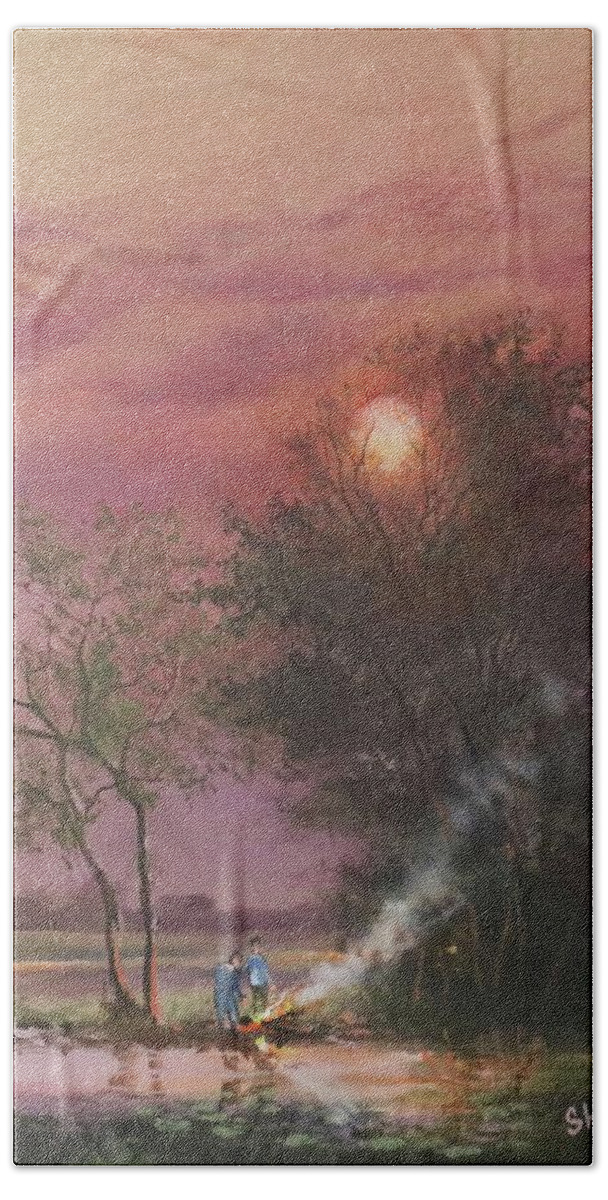 ; Bonfire Hand Towel featuring the painting Bonfire By The Creek by Tom Shropshire