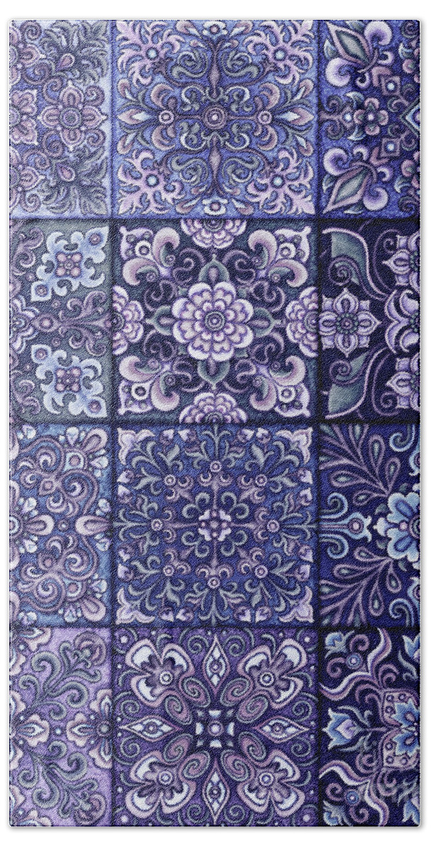 Ornamental Bath Towel featuring the painting Botanical Mandala Tiles 3 Cool Blues by Amy E Fraser