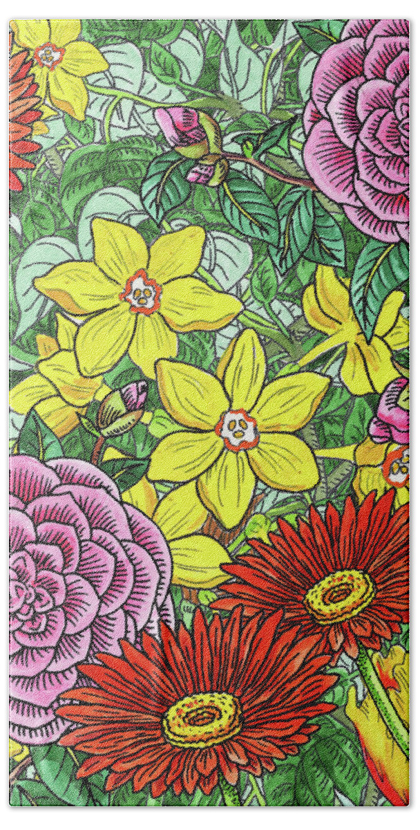 Botanical Bath Towel featuring the painting Botanical Watercolor Flowers Garden Flowerbed I by Irina Sztukowski