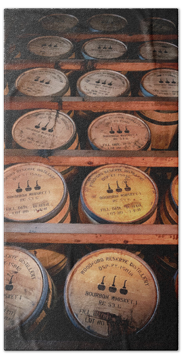 Bourbon Bath Towel featuring the photograph Bourbon Barrels in the Rick by Susan Rissi Tregoning