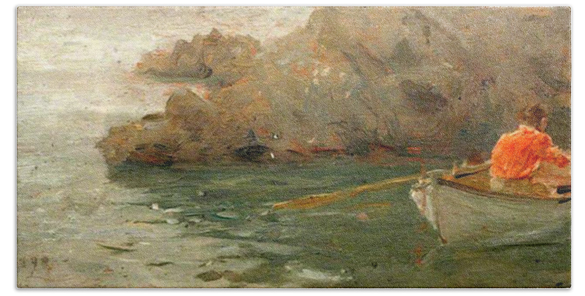 Henry Scott Tuke Bath Towel featuring the painting Boy Rowing Out From a Rocky Shore by Henry Scott Tuke