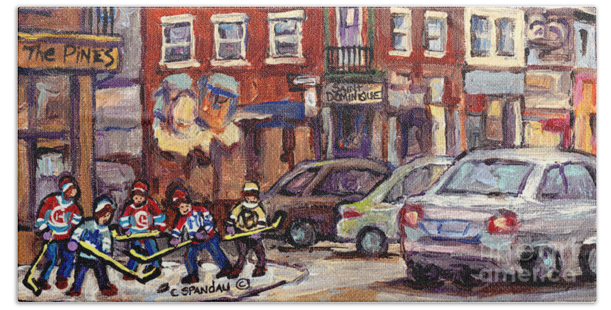 Montreal Bath Towel featuring the painting Boys Of St Dominique And Pine Avenue Hockey Art Montreal Plateau Winter Scenes C Spandau Quebec by Carole Spandau