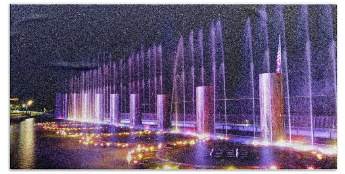 America Hand Towel featuring the photograph Branson Landing Fountain Show - Downtown Branson Missouri by Gregory Ballos