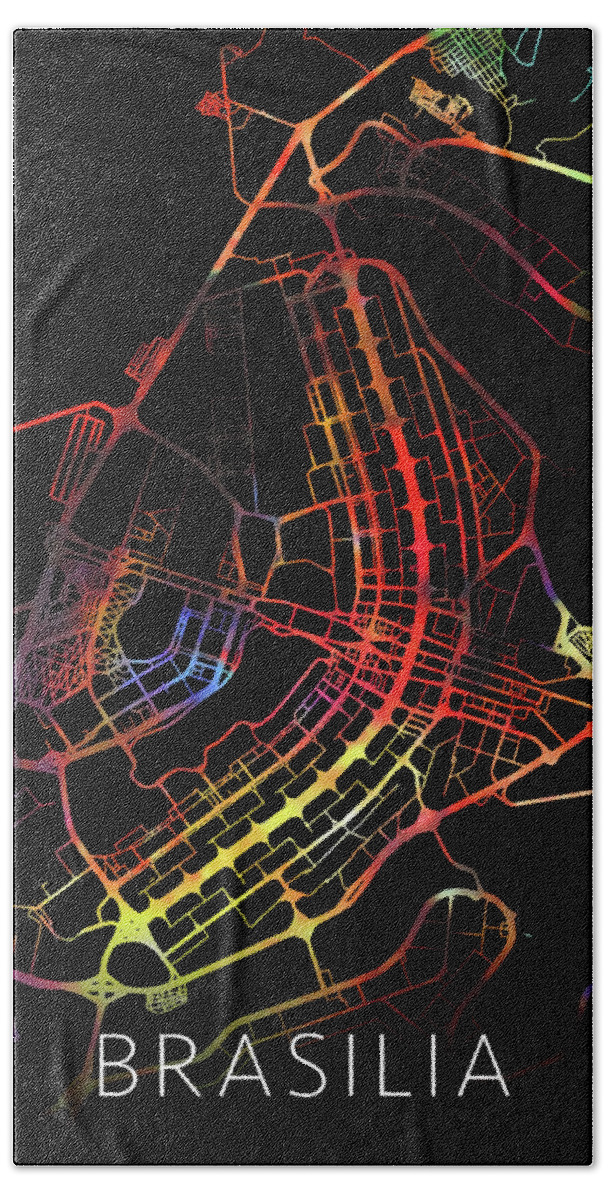 Brasilia Bath Towel featuring the mixed media Brasilia Brazil City Street Map Watercolor Dark Mode by Design Turnpike