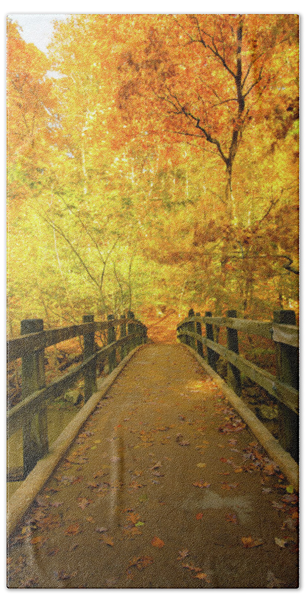 03nov18 Hand Towel featuring the photograph Bridge over Troubled Waters in Fall by Jeff at JSJ Photography