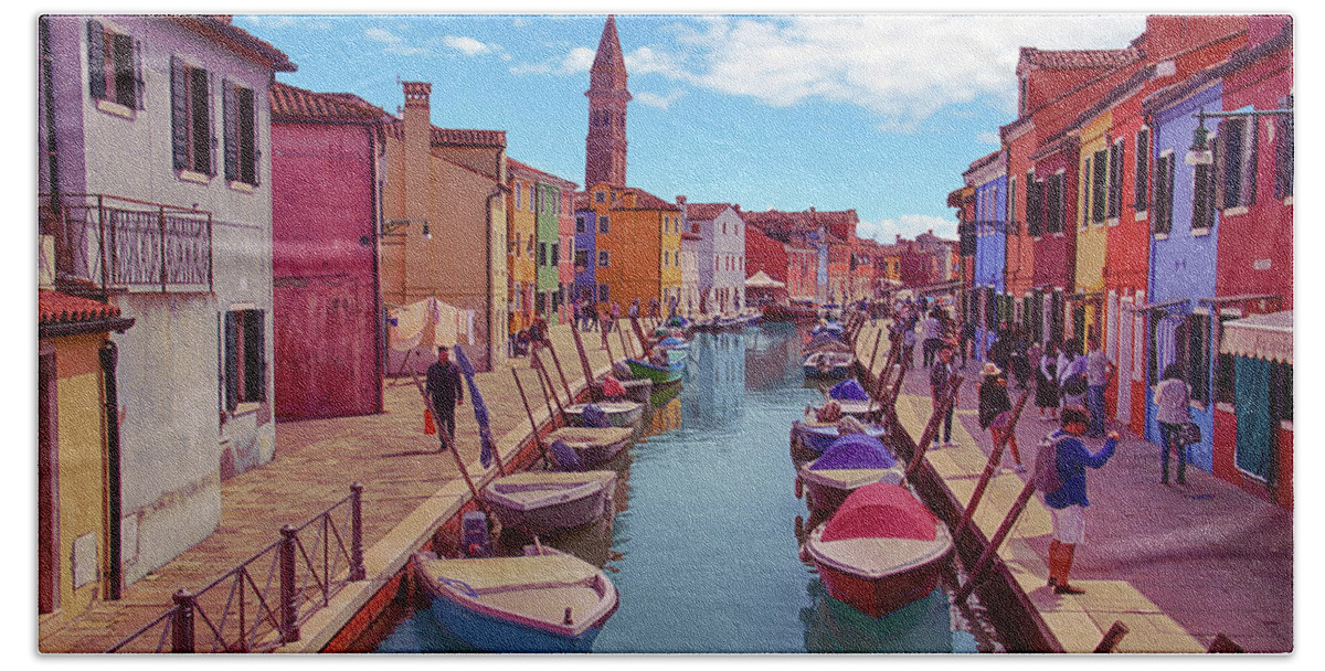 Brightly Bath Towel featuring the photograph Brightly painted houses and small boats in canal by Steve Estvanik
