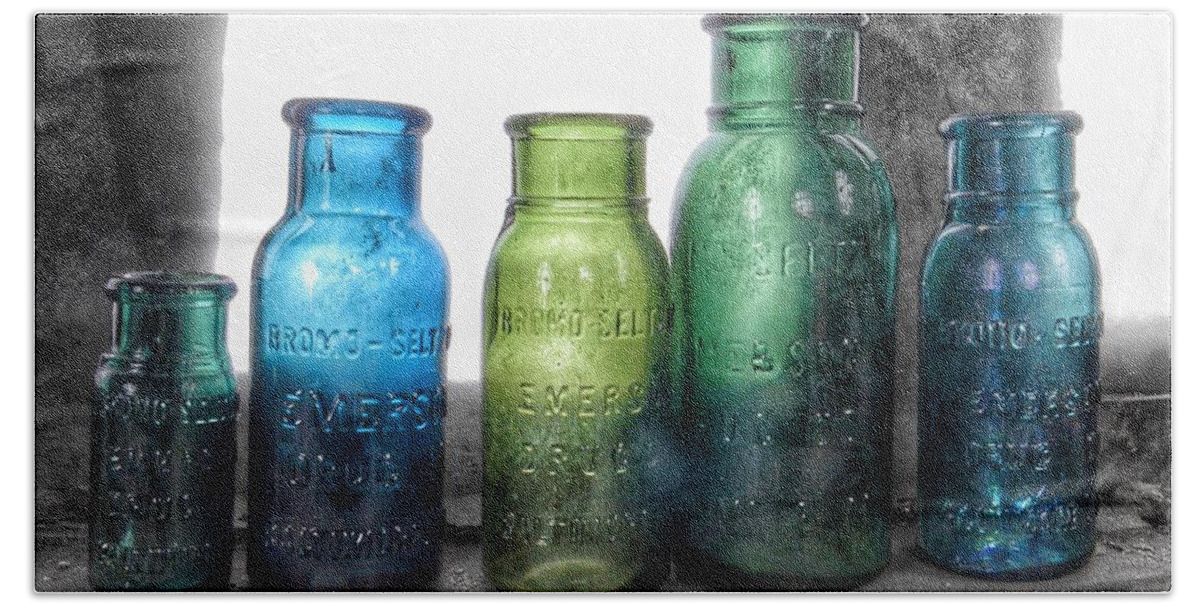 Bromo Seltzer Vintage Glass Bottles Bath Towel featuring the photograph Bromo Seltzer Vintage Glass Bottles Collection - Rare Green And Blue #8 by Marianna Mills