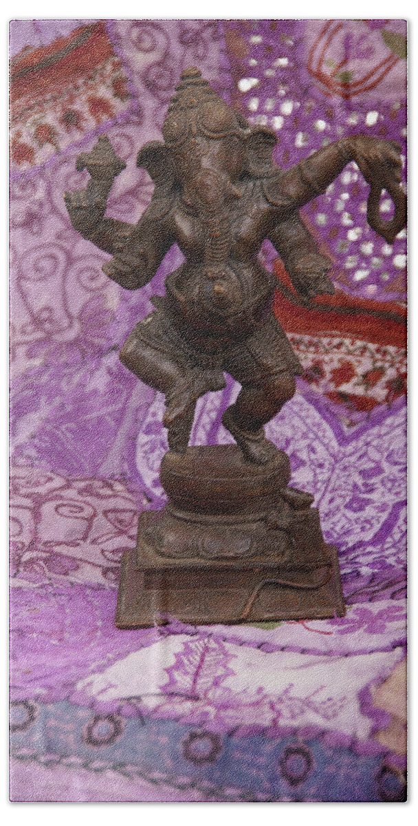 Ganesh Bath Towel featuring the photograph Bronze Ganesha dancing, on purple by Steve Estvanik