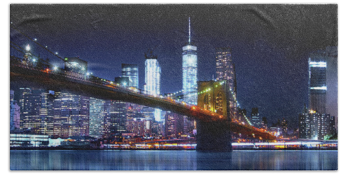 Brooklyn Bridge Hand Towel featuring the photograph Brooklyn Blue by Mark Andrew Thomas
