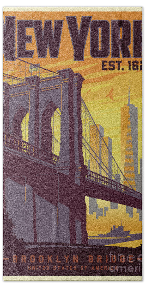 Brooklyn Hand Towel featuring the digital art Brooklyn Bridge Poster - New York Vintage by Jim Zahniser