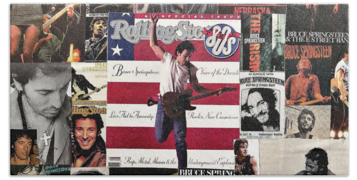 Collage Bath Towel featuring the digital art Bruce Springsteen Collage 1 by Doug Siegel