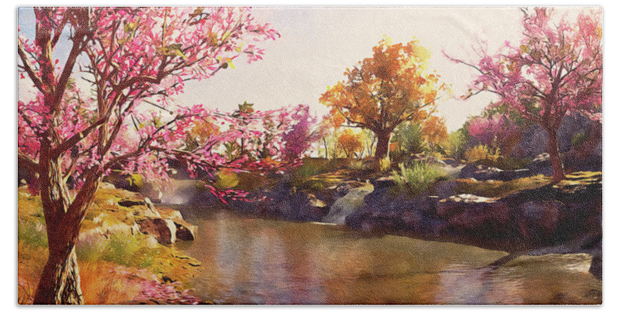 Mountain Spring Bath Towel featuring the painting Bucolic Paradise - 32 by AM FineArtPrints