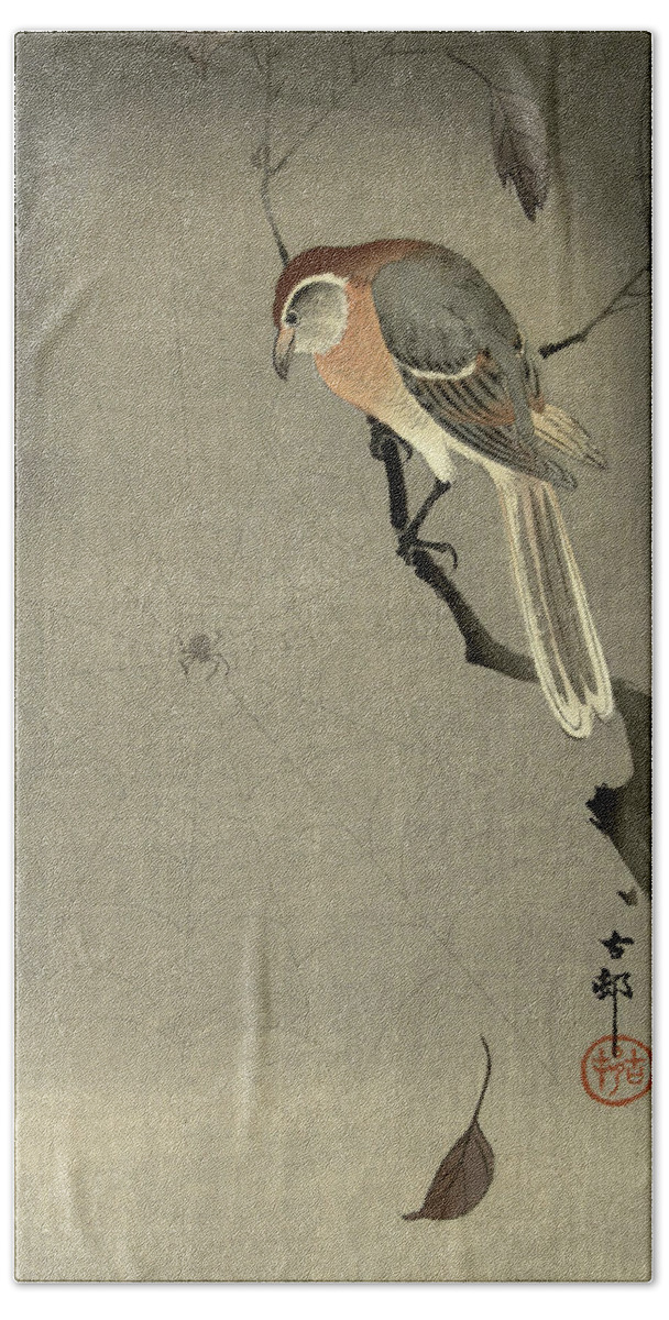 Bull-headed Shrike Hand Towel featuring the painting Bull-headed shrike, 1930 by Ohara Koson