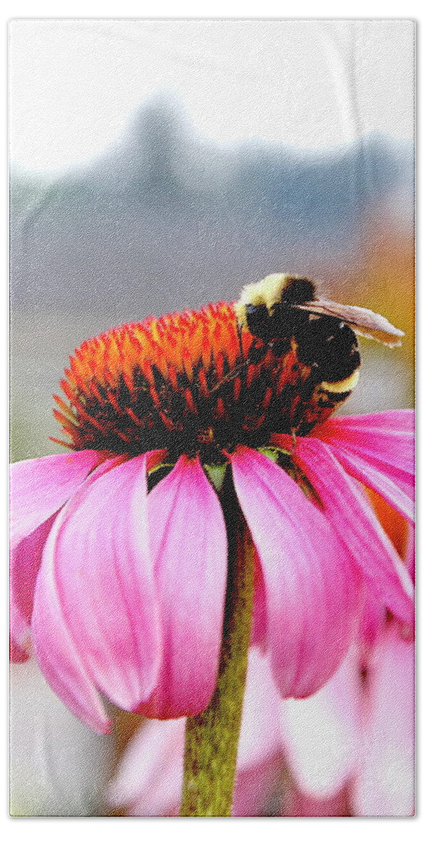 Bees; Flowers; Bumbling; Beauty; Pink; Echinacea Hand Towel featuring the photograph Bumbling Along by Tammy Hankins