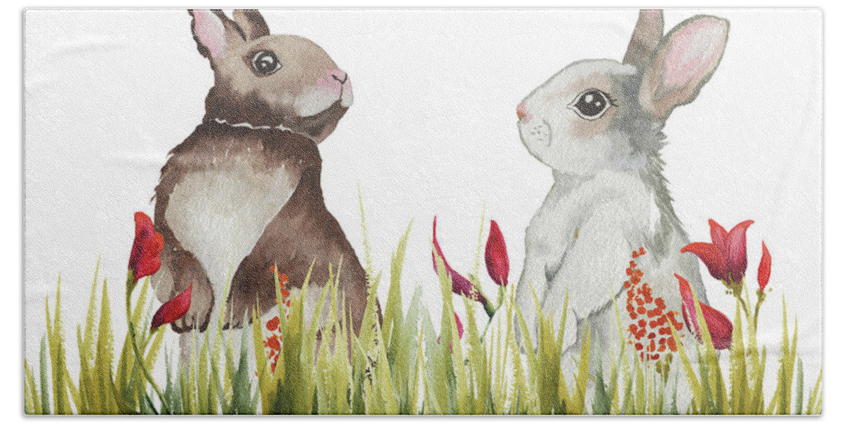 Bunnies Hand Towel featuring the mixed media Bunnies Among The Flowers I by Elizabeth Medley