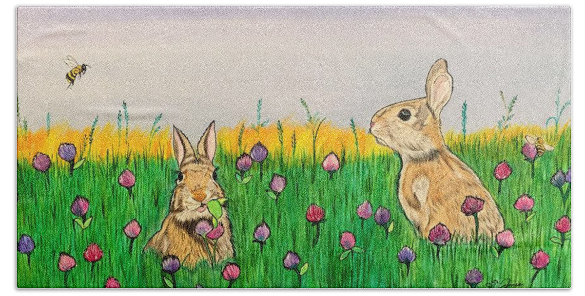 Bunnies Bath Towel featuring the painting Bunnies in Clover by Sonja Jones