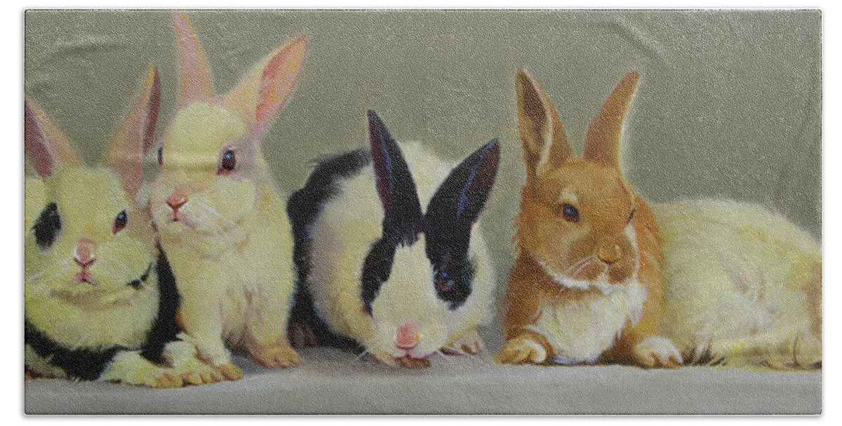 Farm Animals Bath Towel featuring the painting Bunny Babies by Carolyne Hawley