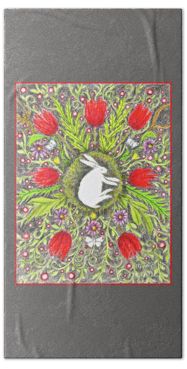 Lise Winne Bath Sheet featuring the painting Bunny Nest with Red Flowers and White Butterflies by Lise Winne