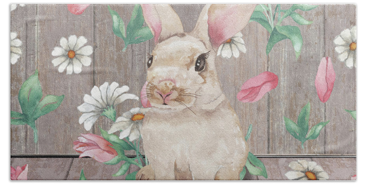 Bunny Hand Towel featuring the mixed media Bunny With Spring Florals by Elizabeth Medley