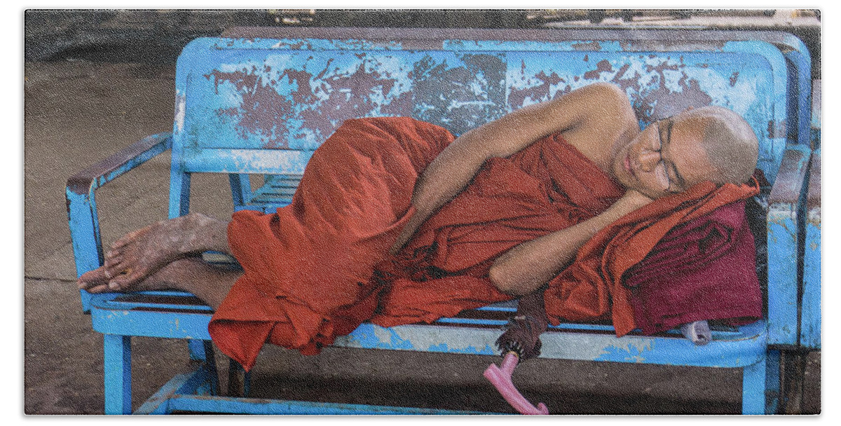 Monk Bath Towel featuring the photograph Burmese monk resting on bench by Ann Moore
