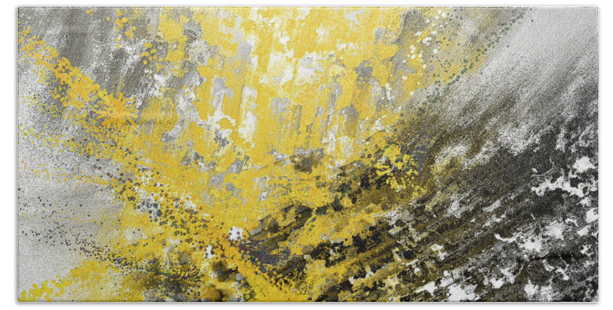 Yellow Bath Towel featuring the painting Burst Of Sun - Yellow And Gray Contemporary Art by Lourry Legarde