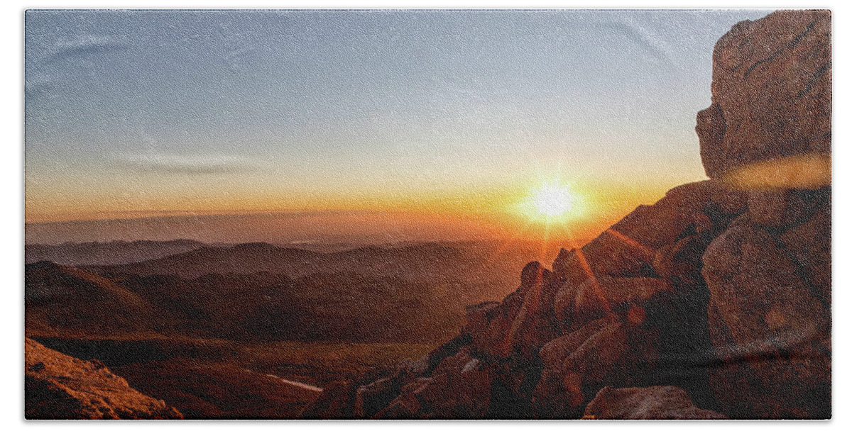 Sunrise Bath Towel featuring the photograph Bursting Sunrise on Mount Evans by Tony Hake