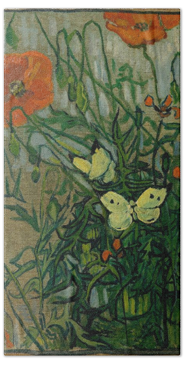 Oil On Canvas Bath Towel featuring the painting Butterflies and Poppies. by Vincent van Gogh -1853-1890-