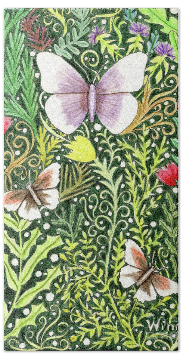 Lise Winne Hand Towel featuring the painting Butterflies in the Millefleurs by Lise Winne