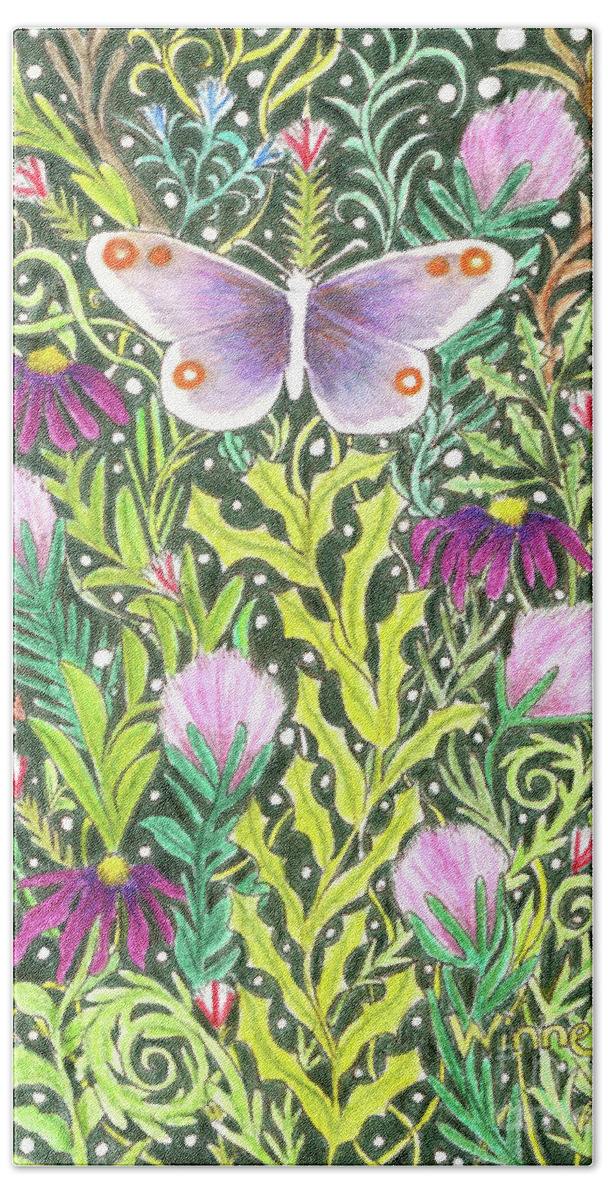 Lise Winne Hand Towel featuring the painting Butterfly in the Millefleurs by Lise Winne