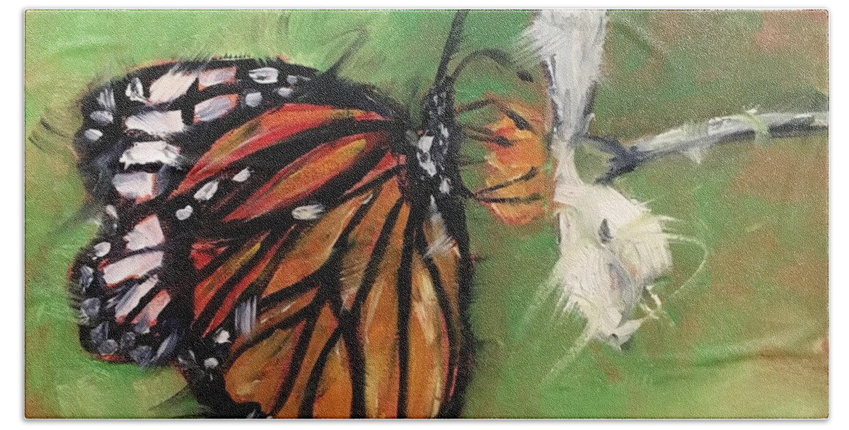 Monarch Bath Towel featuring the painting Butterfly with flower by Alan Metzger