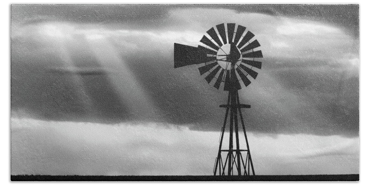 Kansas Hand Towel featuring the photograph BW Windmill and Crepuscular Rays -01 by Rob Graham