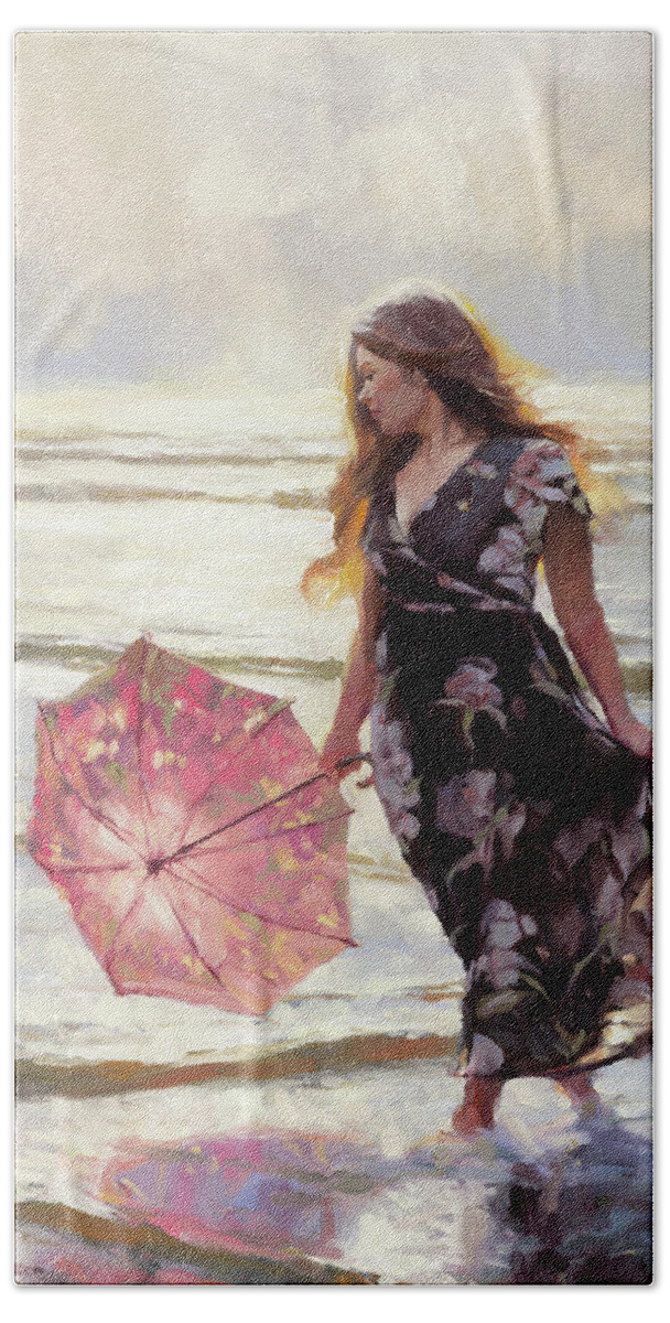 Beach Hand Towel featuring the painting By the Silver Sea by Steve Henderson