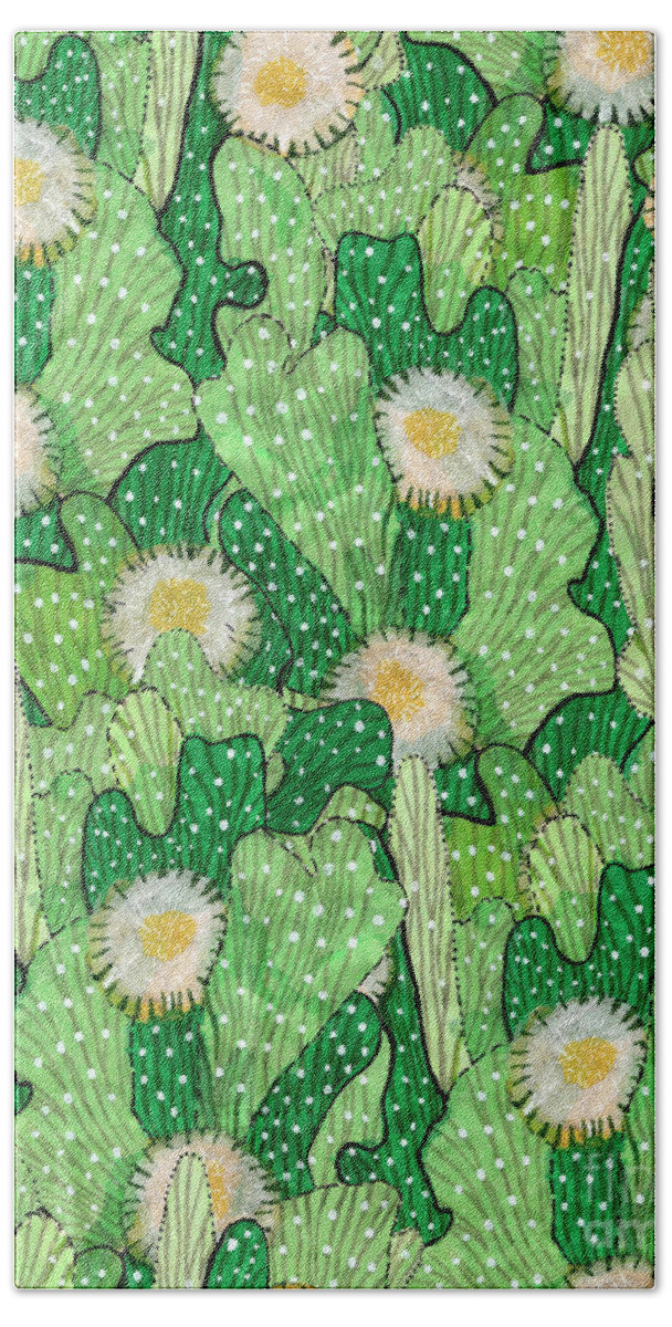 Blooming Succulents Hand Towel featuring the mixed media Cacti Camouflage, Floral Pattern by Julia Khoroshikh