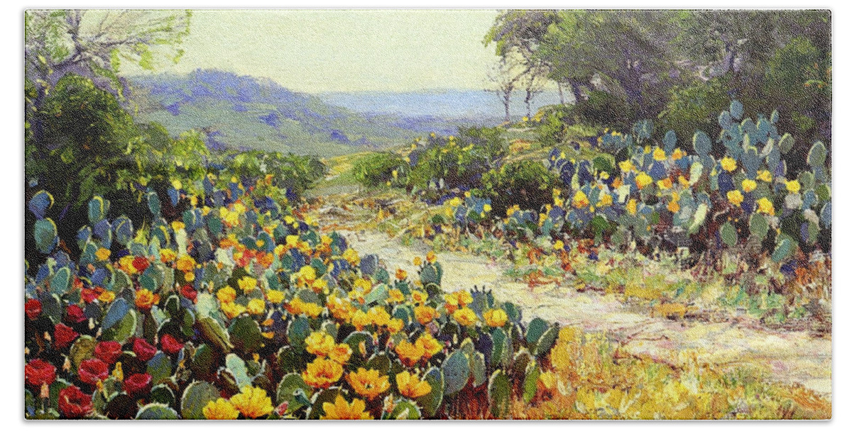 Julian Onderdonk Hand Towel featuring the painting Cactus in Bloom, 1915 by Julian Onderdonk