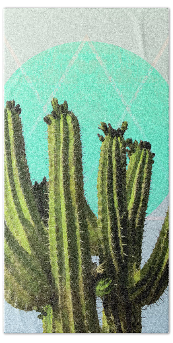 Cactus Bath Sheet featuring the mixed media Cactus - Minimal Cactus Poster - Desert Wall Art - Tropical, Botanical - Blue, Green - Modern by Studio Grafiikka