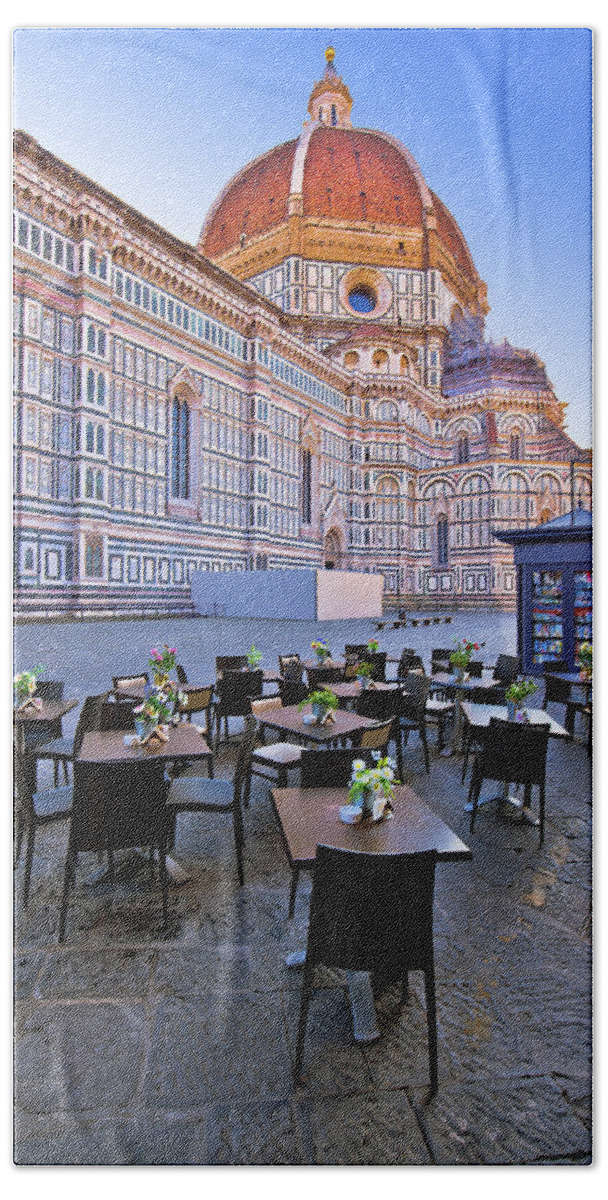 Florence Bath Towel featuring the photograph Cafe under Duomo on square in Florence by Brch Photography