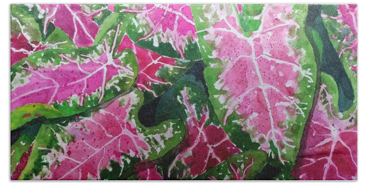 Caladiums Hand Towel featuring the painting Caladiums in Abundance by Ann Frederick