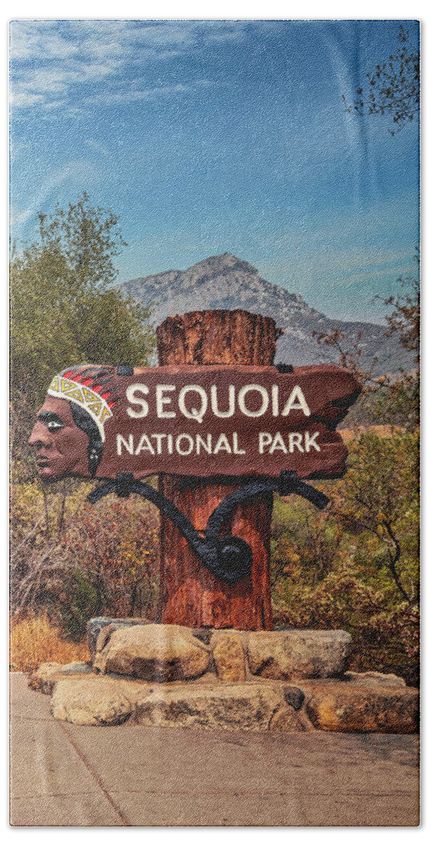 Estock Hand Towel featuring the digital art California, Sequoia National Park, Sign by Claudia Uripos