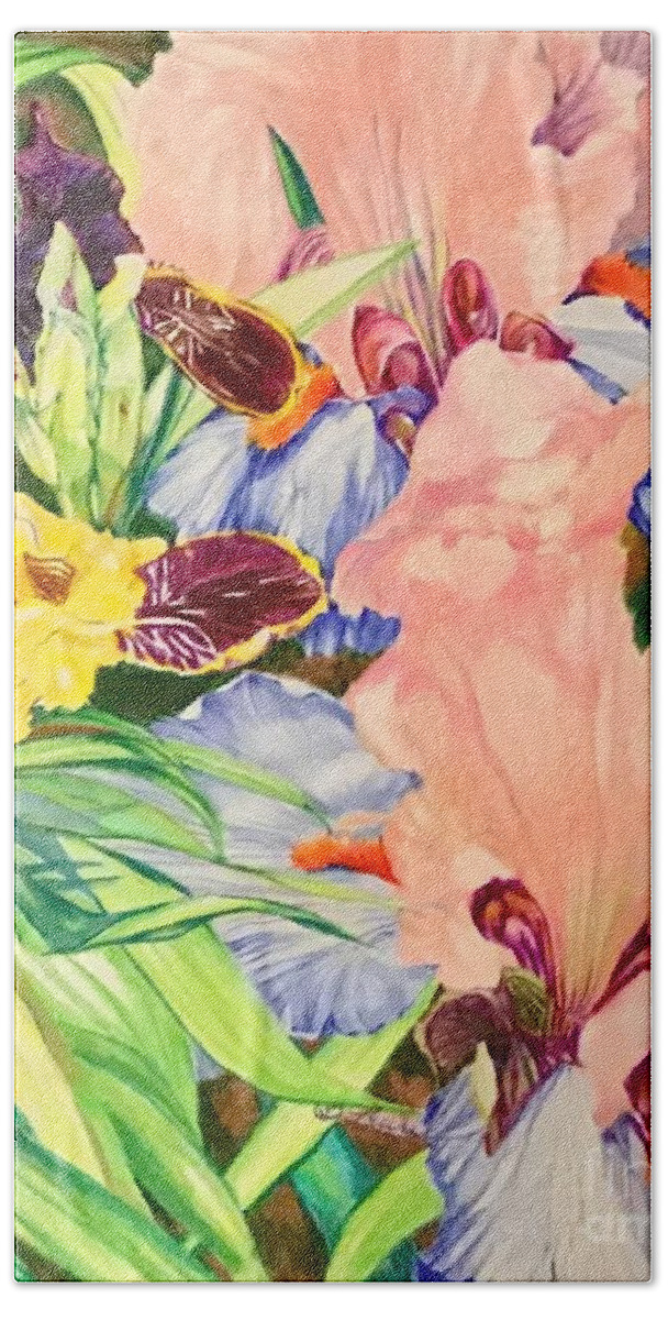 Floral Abstract Bath Towel featuring the painting Can-can and bumblebee iris by Laurel Adams