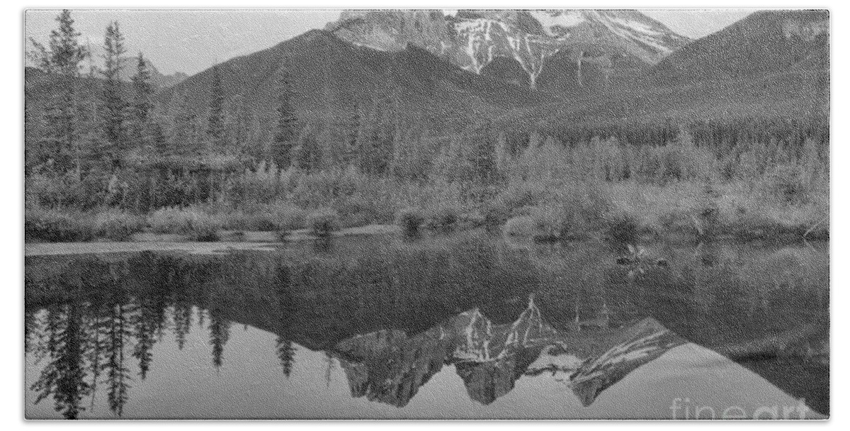Three Sisters Bath Towel featuring the photograph Canmore Morning Pastels Black And White by Adam Jewell