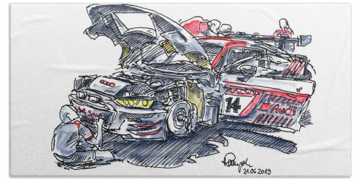 Car Collection Bath Towel featuring the drawing Car Collection Audi R8 LMS Racecar Ink Drawing and Watercolor by Frank Ramspott