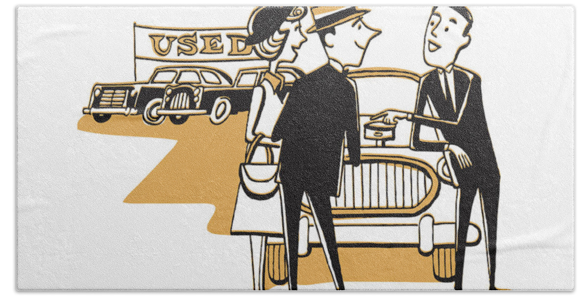 Auto Bath Towel featuring the drawing Car Salesman at Used Car Lot with Potential Buyers by CSA Images
