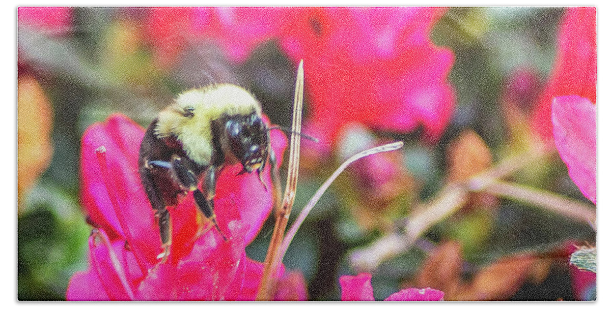 Bee Hand Towel featuring the digital art Carpenter Bee among the Azaleas by Ed Stines